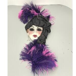 Unique Creations Lady Face Mask Wall Art Limited Edition Signed Purple Feathers